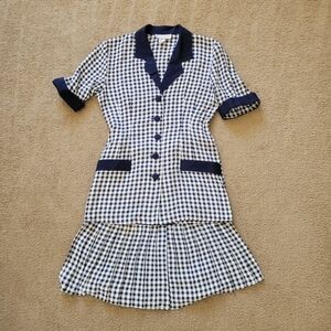 Vintage 70s Gingham Skirt Suit Set Size 9 Navy Blue White